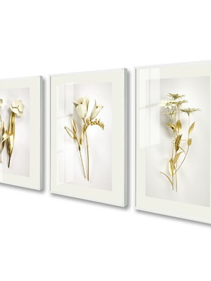 Quadro decorativo com vidro e moldura folhagem flores neutra