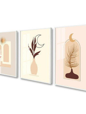 Quadro decorativo sol lua folhagem tons neutro com vidro