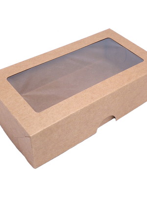 50 caixas tamanho 15x8 com visor em bopp papel kraft 250g