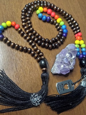 Japamala 108 contas madeira preta 7 chakras placa hoponopono