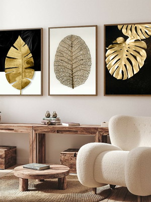 Quadro decorativo folhagem dourada costela de adão moldura