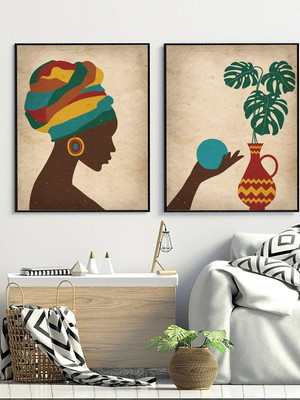 Kit 2 quadros boho mulher turbante africano