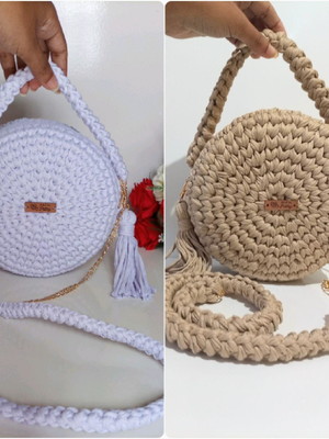 Bolsa redonda fio de malha com alça de mão