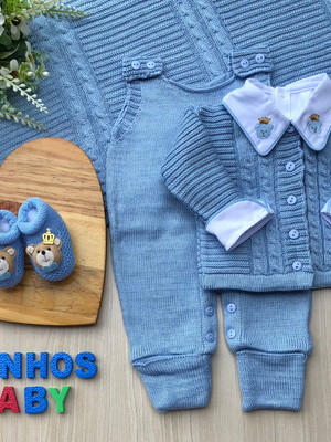Saída de maternidade menino azul bebê tricot 5 peças