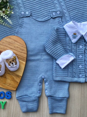 Saída de maternidade menino azul bebê tricot 5 peças
