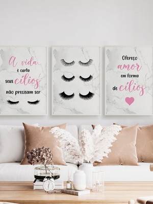 Quadros cílios lash design salão frases kit 3 peças 20x28cm