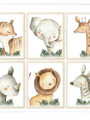 Kit 6 quadros infantil quarto bebe safari dos filhotes