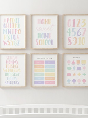 Kit 6 quadros infantil cores numeros e letras