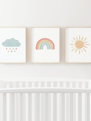 Kit 3 quadros infantil boho decoração arco-iris sol e chuva