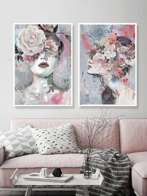 Composição 2 quadros decorativos mulheres rosê rosa floral