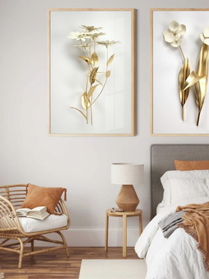 Quadro decorativo flores moderno neutro dourado com vidro