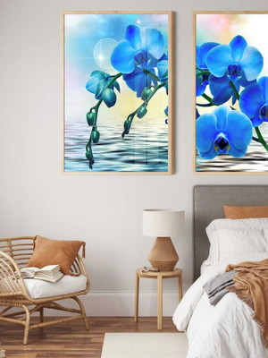 Quadro decorativo flores orquídeas azul com vidro e moldura
