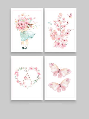 Quadros decorativos menina com inicial aquarela