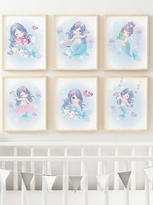 Kit 6 quadros quarto menina bonequinhas sereias