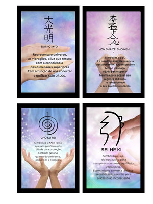 Kit 4 quadros decorativo vidro símbolos do reiki