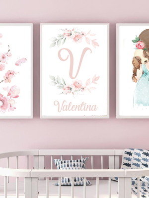 Kit quadros decorativos menina jardim aquarela