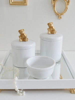 Kit higiene dourado porcelana bebê bandeja potes ursa k049