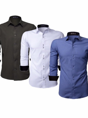 Kit 3 camisas social masculina estampa manga longa lisa slim