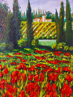 Quadros pintura em tela paisagem campo de flores vermelhas