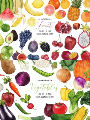 Kit digital frutas e vegetais aquarela