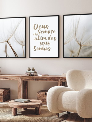 Kit 3 quadros decorativos flores frases deus com moldura