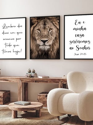 Kit 3 quadros decorativos leão de judá frases com moldura