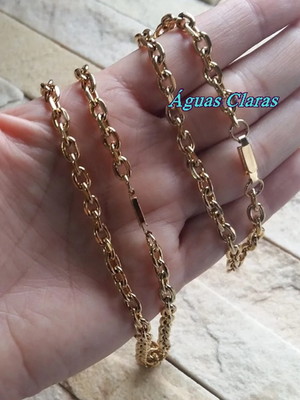 Conjunto cordão e pulseira elo cadeado folheado ouro 18k