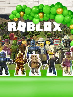 Kit festa ouro painel + displays + fita de balão roblox