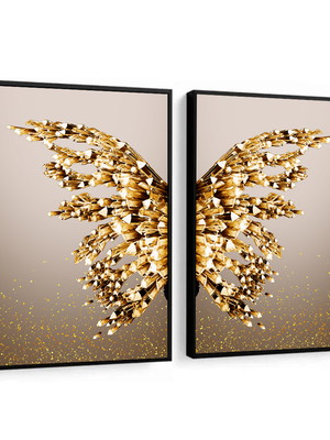 2 quadros decorativos asas borboleta dourada molduras