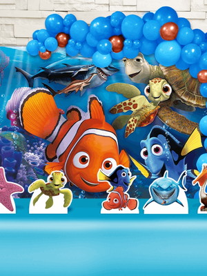 Kit festa ouro painel + displays + fita procurando nemo