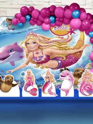 Kit festa ouro painel + display +fita balão barbie sereia