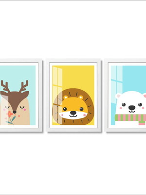 Quadro decorativo infantil leão urso colorido com vidro