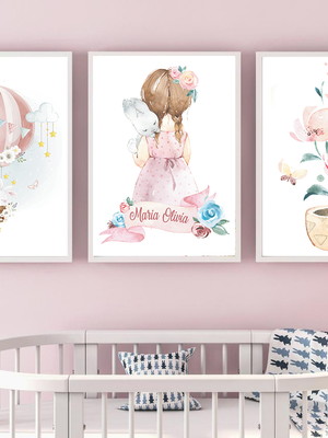 Kit quadros decorativos menina jardim aquarela