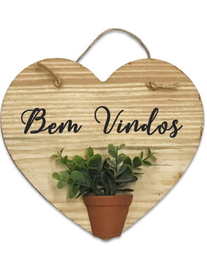 Coração madeira bem vindos placa porta c vasinho e plantinha