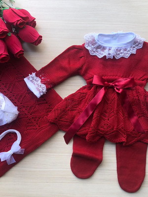 Saída maternidade de menina vermelha vestido 4 peças linha