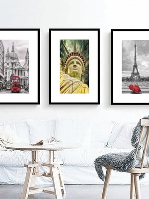 Kit 3 quadros decorativos torre eiffel ny com molduras