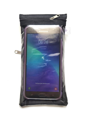 Capinha porta celular visor touch bolsinho zíper preto brim
