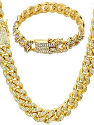 Kit corrente cravejada 60cm e pulseira banhada a ouro