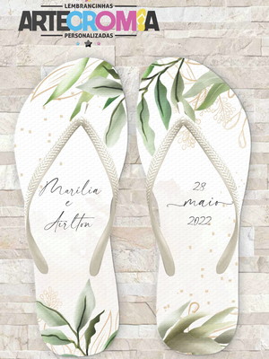 Chinelo personalizado de casamento com folhas verdes