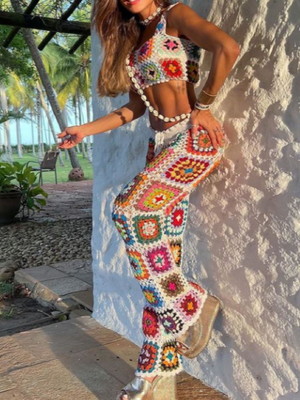 Conjunto feminino de crochê calça e top