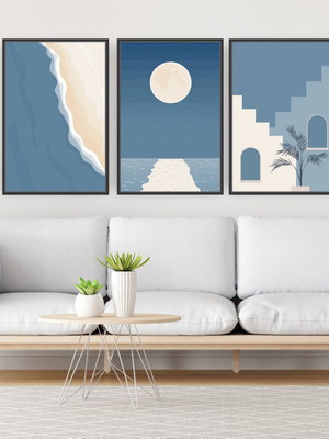 Quadro canvas composição trio azul praia 45x30 com moldura