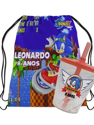 Mochilinha e copo twister personalizado sonic