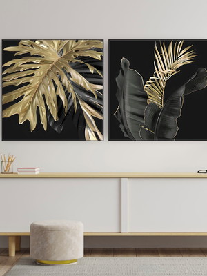 Quadro canvas duplo folha cinza dourado 80x80 com moldura