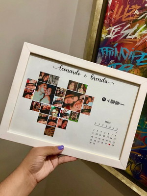 Quadro coração de fotos + calendário dia dos namorados