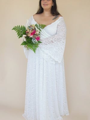 Vestido noiva boho chic flare envelope renda clean plus size