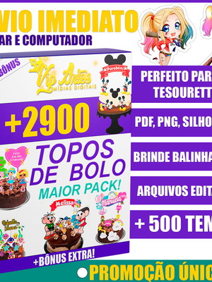 Pack topos de bolo 12 em 1 +800gb arquivos, convites, caneca
