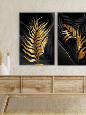 Quadro canvas duplo folhagem negro ouro 120x80 com moldura