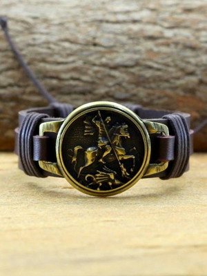 Pulseira de couro medalha de são jorge bijuterias