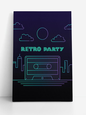 Quadro retro party neon fita cassete cidade canvas 140x90cm