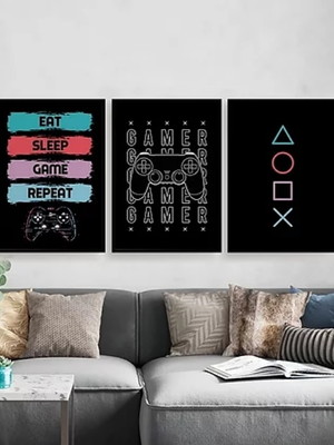 Kit 3 quadros eat sleep game repeat